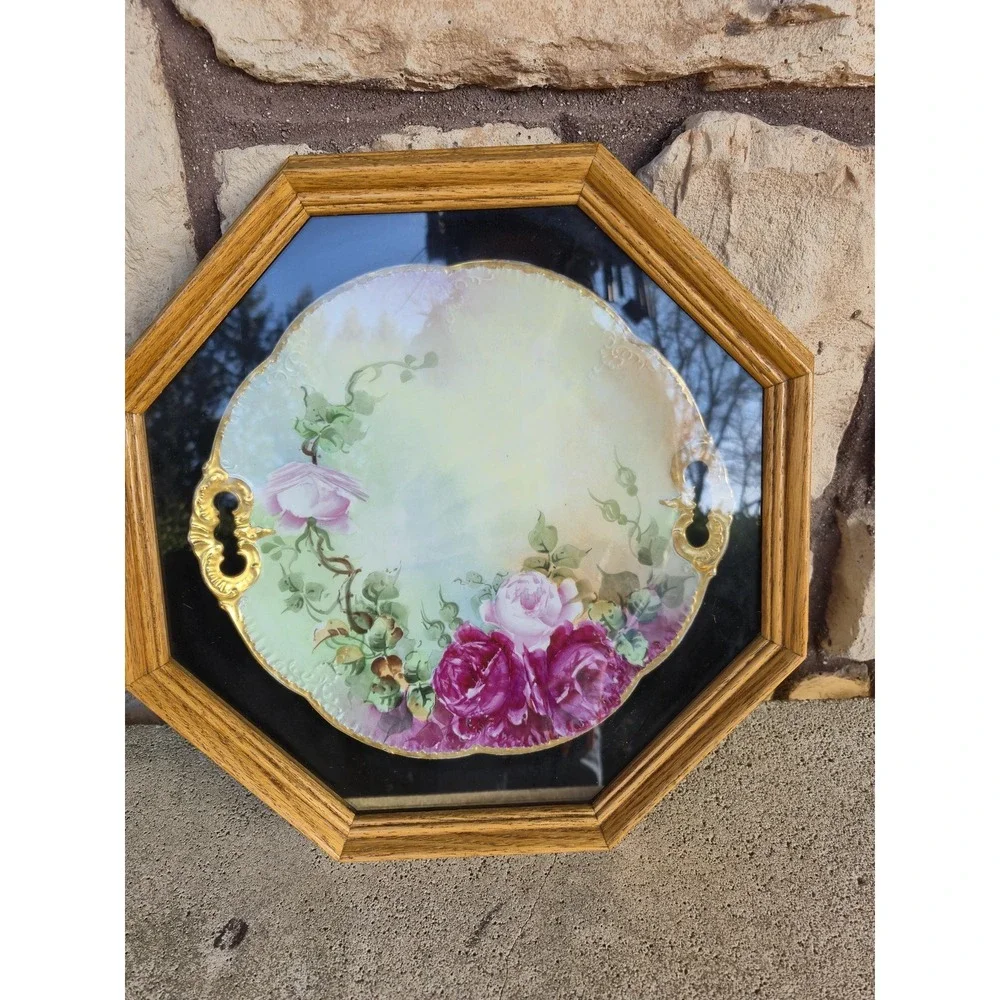 Vintage Hand Painted Rose Porcelain Plate Framed Wall Art Signed F.R.L Victorian